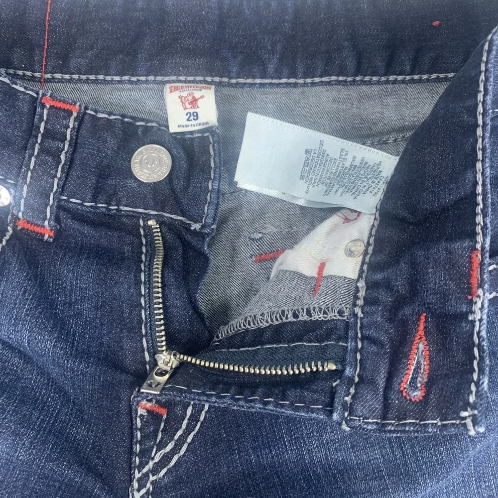 True Religion Straight Flap Jeans Mens 29 Dark Wash Big T Stitch